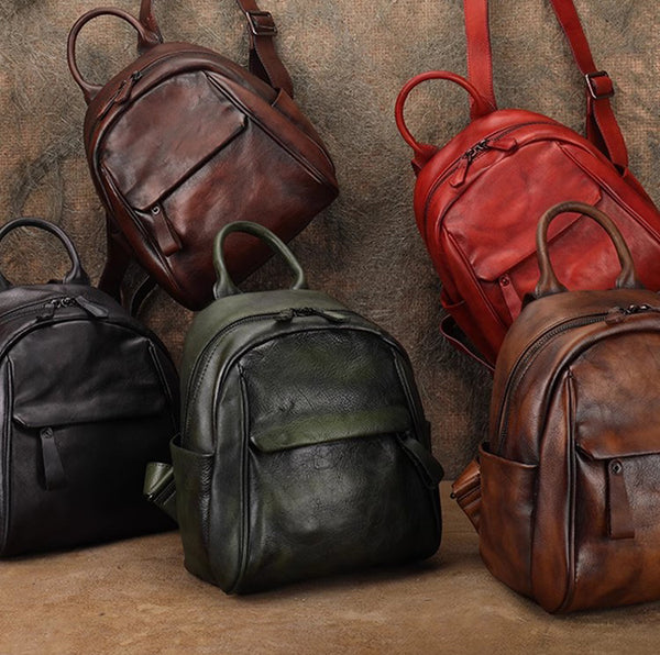 Vintage Leather Mini Backpack for Women Black Leather Rucksack Womens Chic