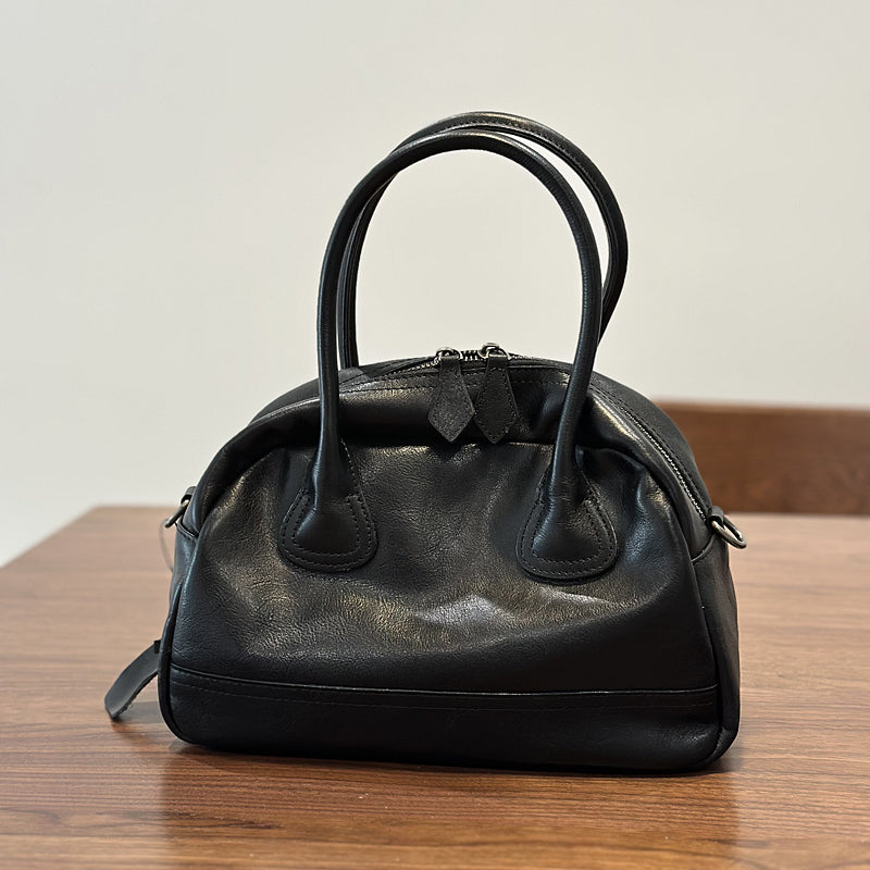 Vintage Leather Mini Handbag for Women Soft Top Grain Leather Tote with Shoulder Strap Black
