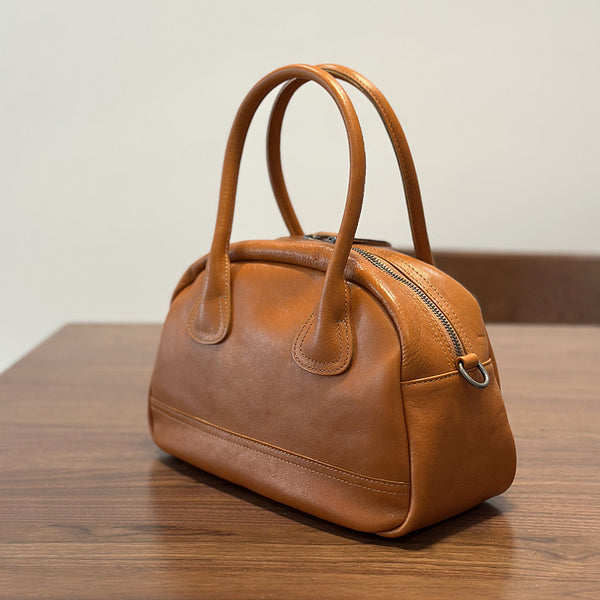 Vintage Leather Mini Handbag for Women Soft Top Grain Leather Tote with Shoulder Strap Brown