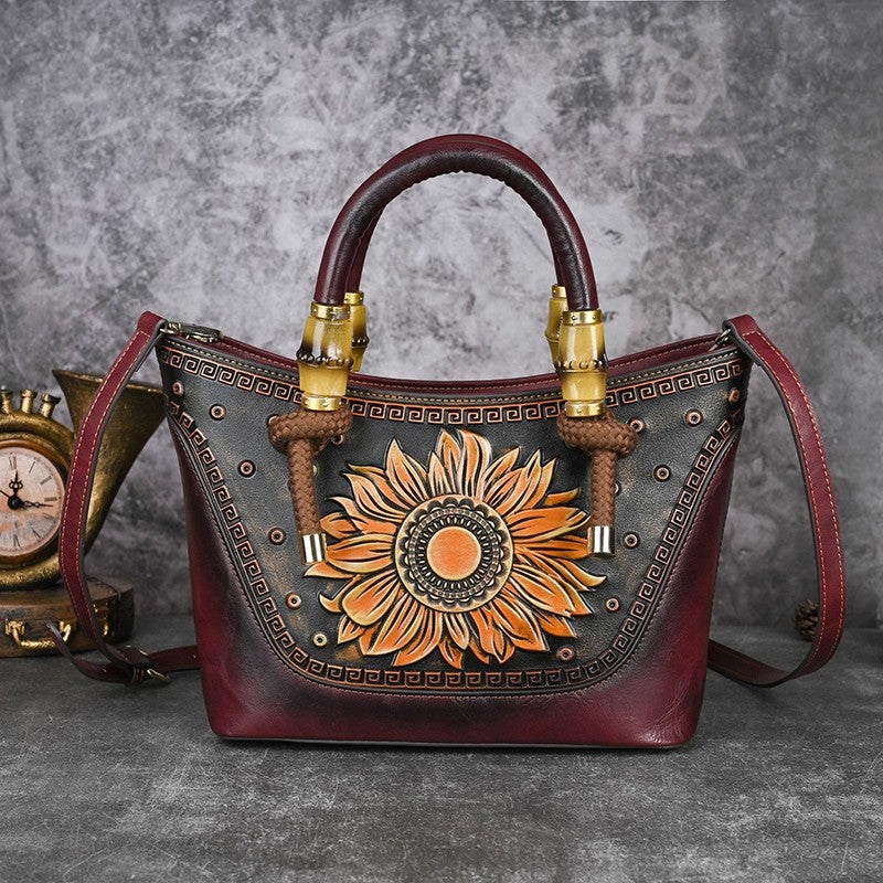 Vintage Sunflower Embossed Leather Handbag for Women Top Handle Shoulder Crossbody Bag with Adjustable Strap Beautiful