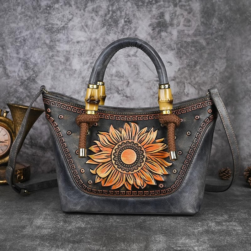 Vintage Sunflower Embossed Leather Handbag for Women Top Handle Shoulder Crossbody Bag with Adjustable Strap Best
