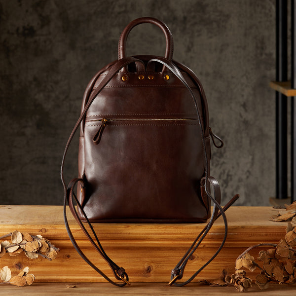 Vintage Women's Brown Leather Backpack Purse Ladies Small Leather Rucksack Beautiful