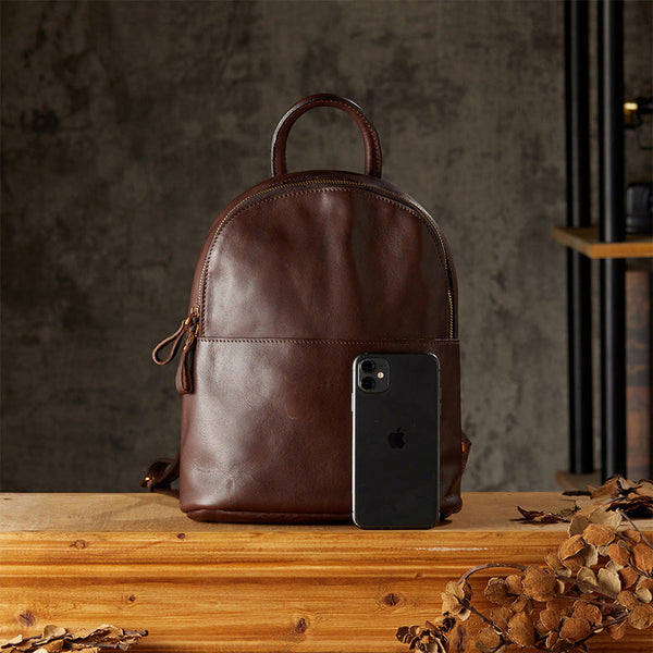 Vintage Women's Brown Leather Backpack Purse Ladies Small Leather Rucksack Casual