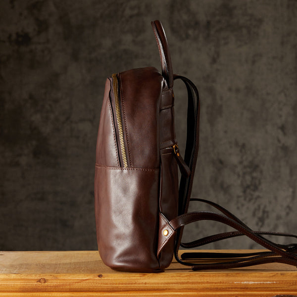 Vintage Women's Brown Leather Backpack Purse Ladies Small Leather Rucksack Chic