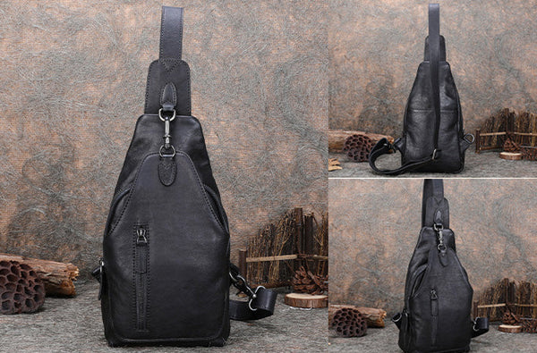 Vintage Women's Crossbody Chest Bag Leather Sling Bags For Women Black