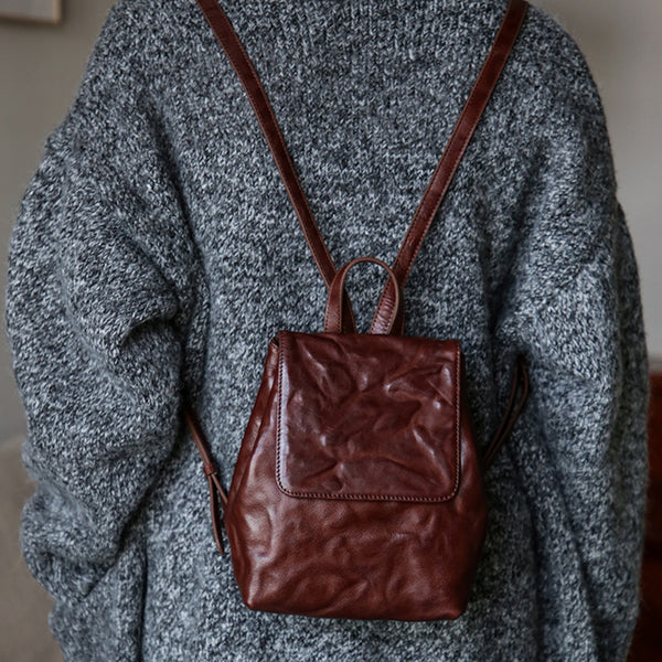 Vintage Womens Full-Grain Leather Mini Backpack Bag Mini Leather Rucksack
