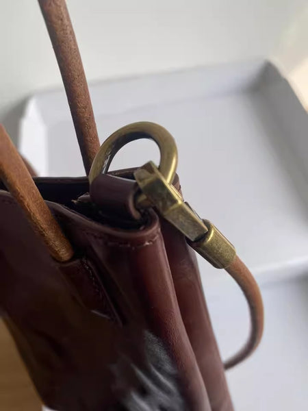Vintage Full Grain Leather Mini Handbag Shoulder Crossbody Phone Bag Aesthetic