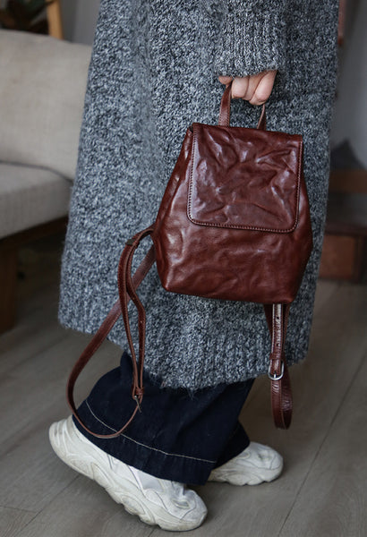 Vintage Womens Full-Grain Leather Mini Backpack Bag Mini Leather Rucksack Beautiful
