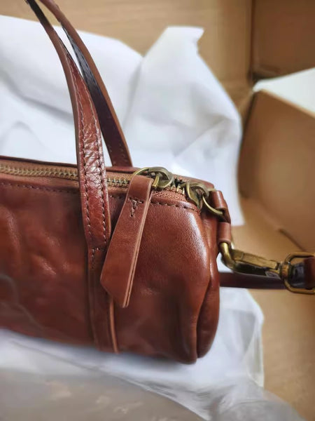 Vintage Leather Barrel Bag Womens Cylinder Crossbody Shoulder Phone Purse Affordable