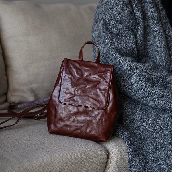 Vintage Womens Full-Grain Leather Mini Backpack Bag Mini Leather Rucksack Badass