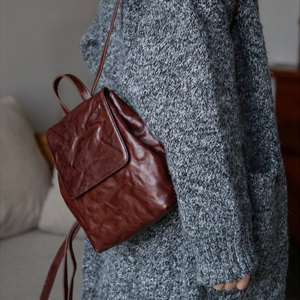Vintage Womens Full-Grain Leather Mini Backpack Bag Mini Leather Rucksack Chic