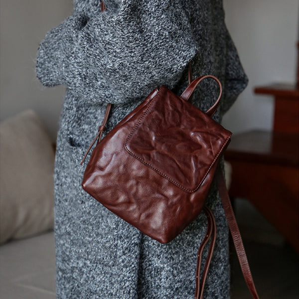 Vintage Womens Full-Grain Leather Mini Backpack Bag Mini Leather Rucksack Classic