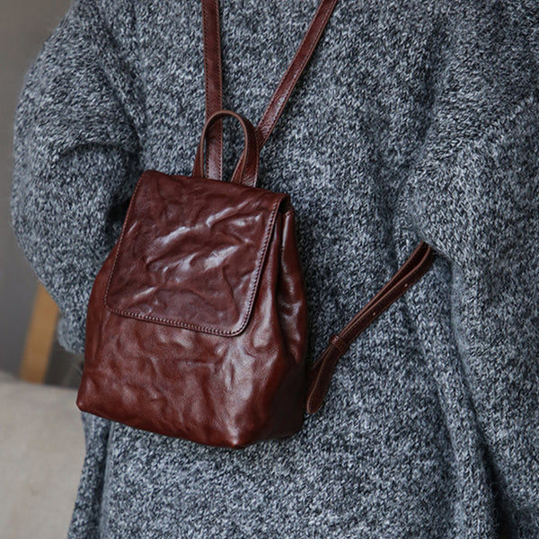 Vintage Womens Full-Grain Leather Mini Backpack Bag Mini Leather Rucksack Cowhide