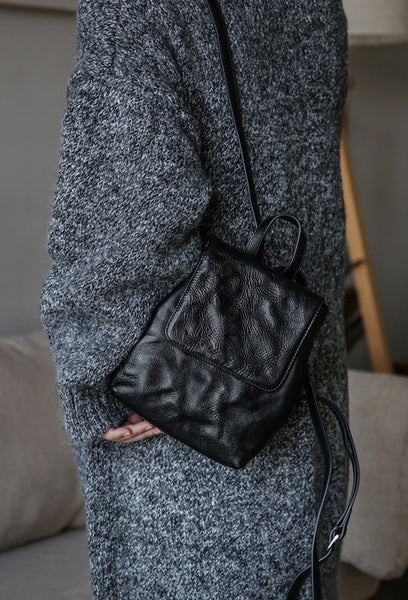 Vintage Womens Full-Grain Leather Mini Backpack Bag Mini Leather Rucksack Elegant