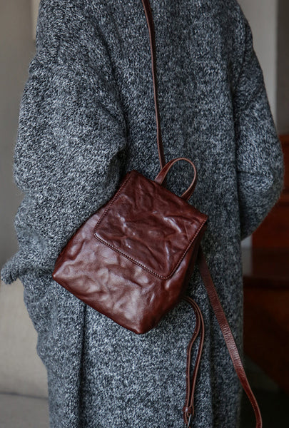 Vintage Womens Full-Grain Leather Mini Backpack Bag Mini Leather Rucksack Handmade