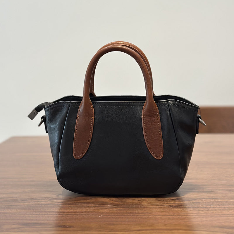 Vintage Genuine Leather Small Handbag Top Handle Crossbody Bag for Women Black