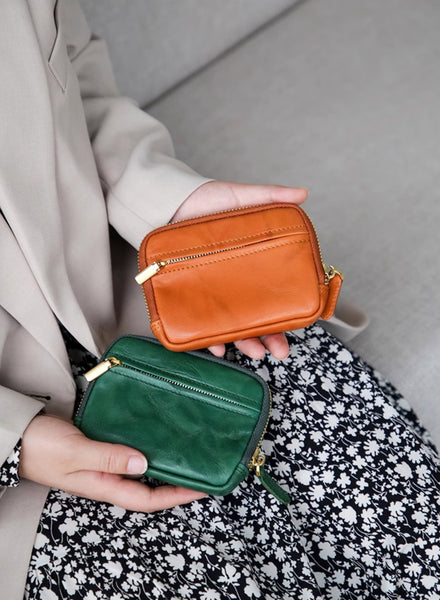 Vintage Womens Leather Coin Purse With Zipper Women Leather Wallet Cowhide