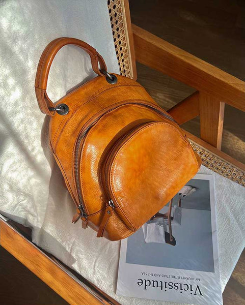 Vintage Womens Soft Leather Backpack Handbags Mini Leather Rucksack Brown