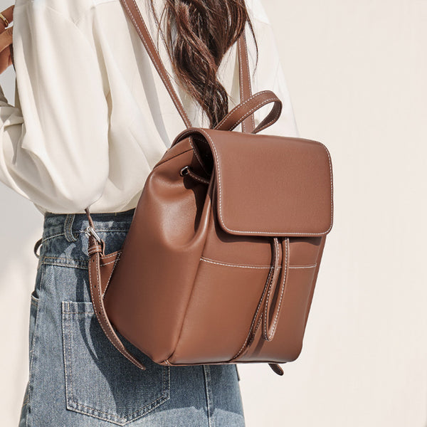 Women Brown Leather Rucksack Bag Small Leather Backpack Purse Cute