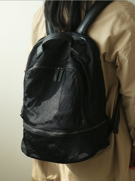 Ladie Black Nylon Rucksack Bag Large Capacity Travel Backpack with Genuine Leather Accents