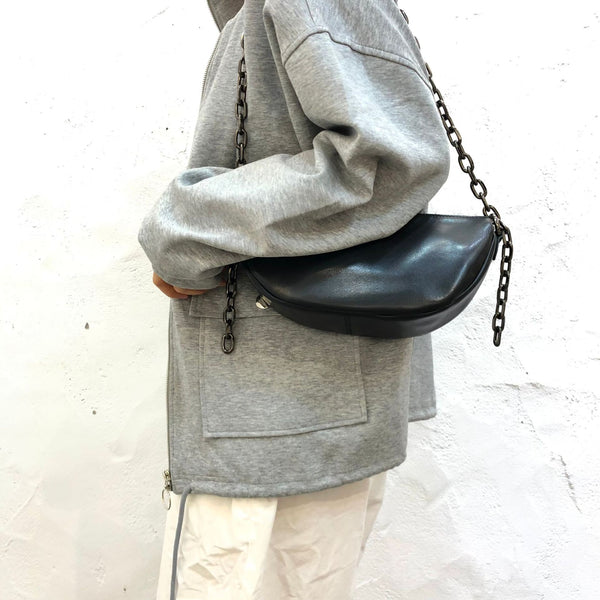 Women's Chest Bag Black Leather Sling with Chain Strap