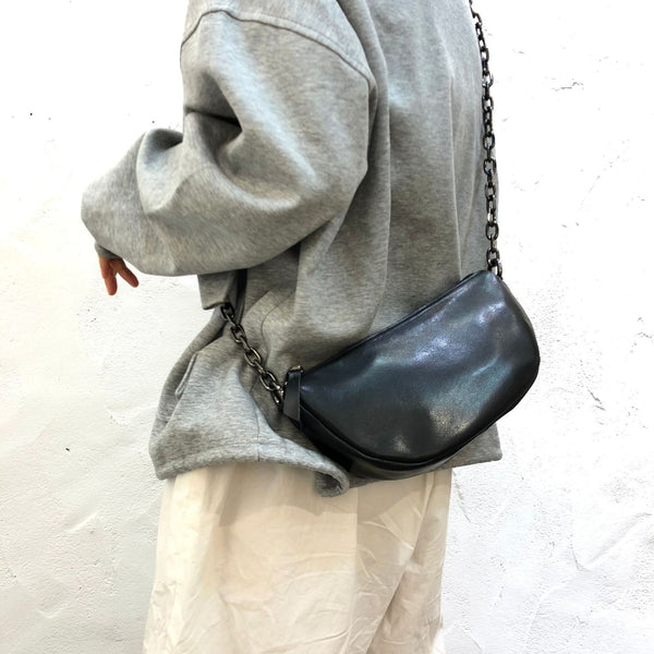 Women's Chest Bag Black Leather Sling with Chain Strap Badass