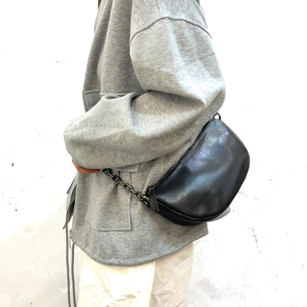 Women's Chest Bag Black Leather Sling with Chain Strap Chic