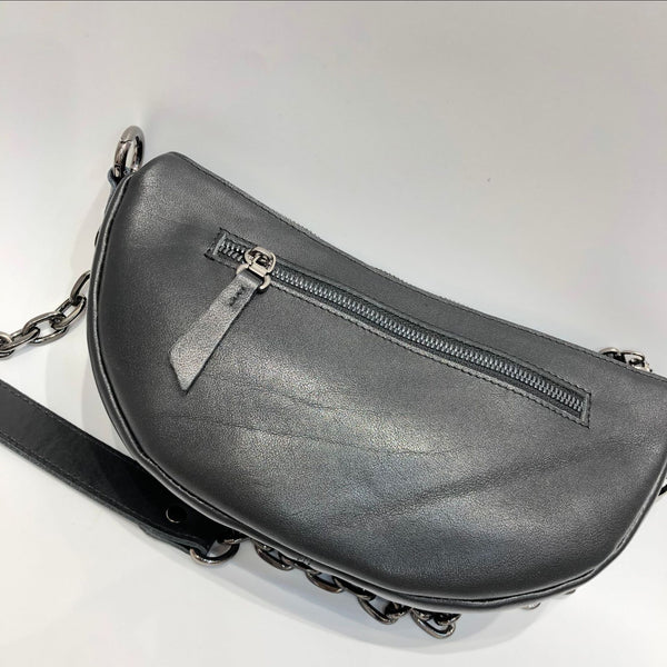 Women's Chest Bag Black Leather Sling with Chain Strap Cowhide