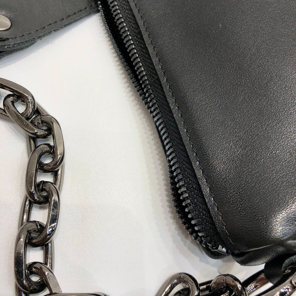 Women's Chest Bag Black Leather Sling with Chain Strap Details