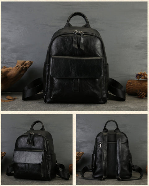 Women's Genuine Leather Backpack Purse Small Ladies Leather Rucksack Black