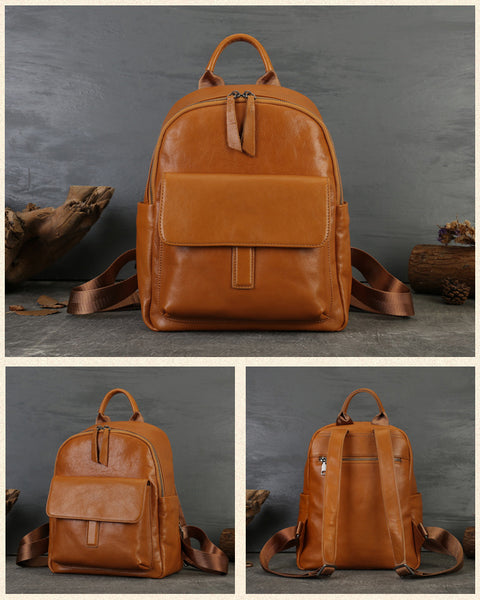 Women's Genuine Leather Backpack Purse Small Ladies Leather Rucksack Brown