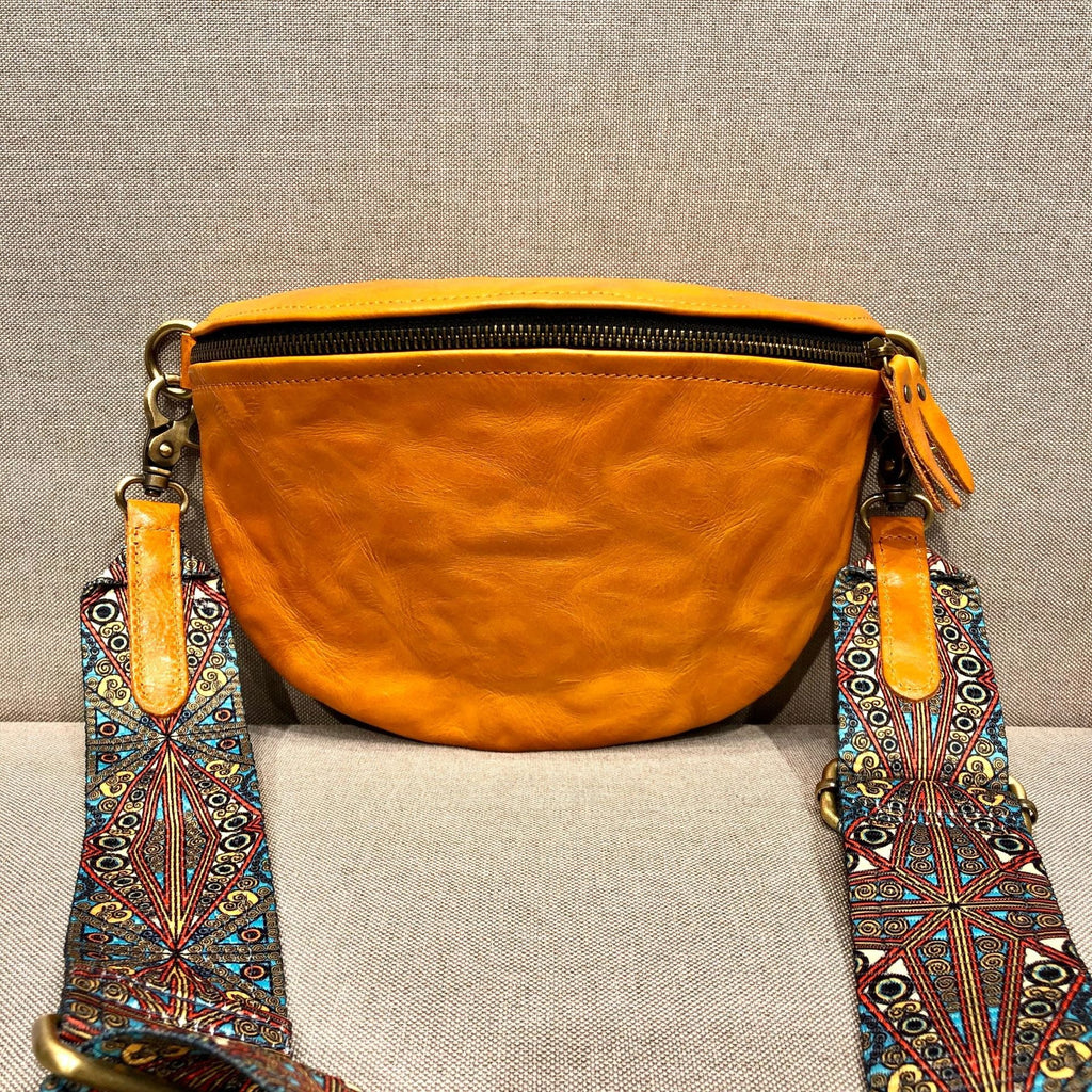 Women's Leather Chest Sling Bag with Boho Shoulder Strap Design Badass