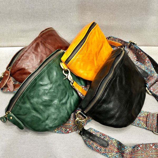 Women's Leather Chest Sling Bag with Boho Shoulder Strap Design Chic