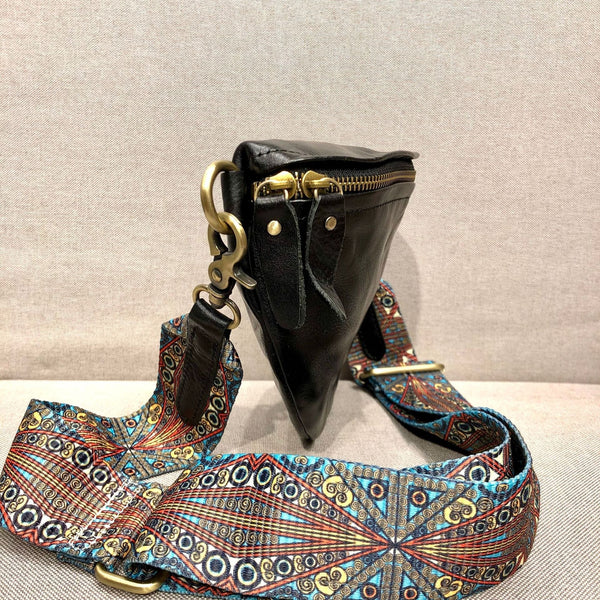 Women's Leather Chest Sling Bag with Boho Shoulder Strap Design Details