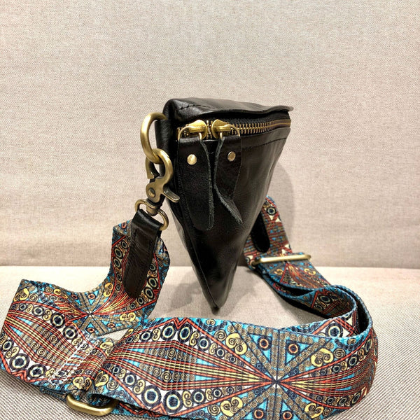 Women's Leather Chest Sling Bag with Boho Shoulder Strap Design Details
