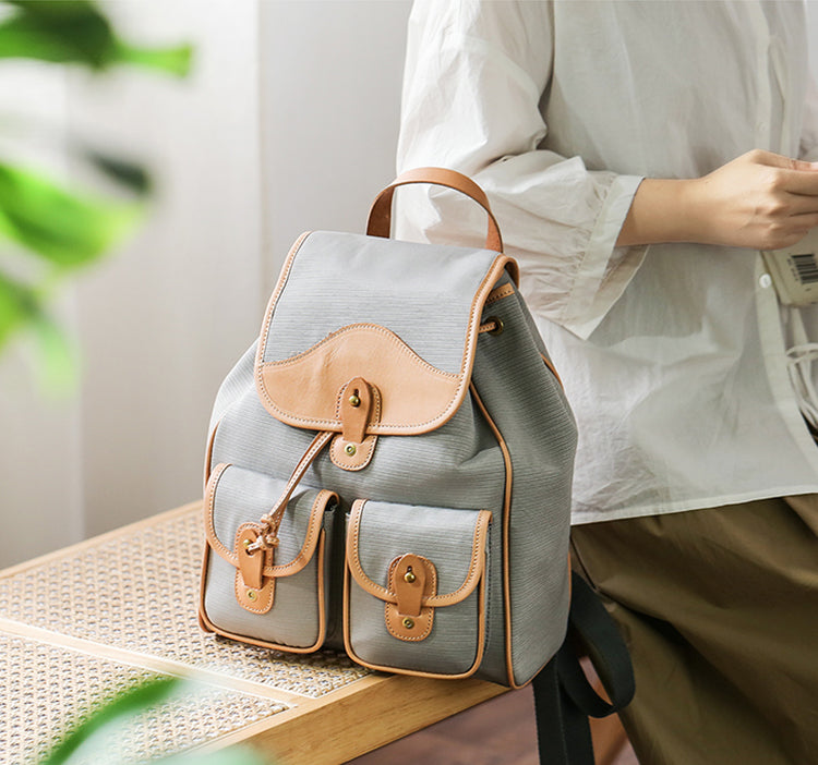 Women's Nylon Backpack Bag With Leather Accessories Small Rucksack For Women Cool