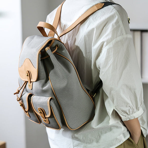 Women's Nylon Backpack Bag With Leather Accessories Small Rucksack For Women Cute