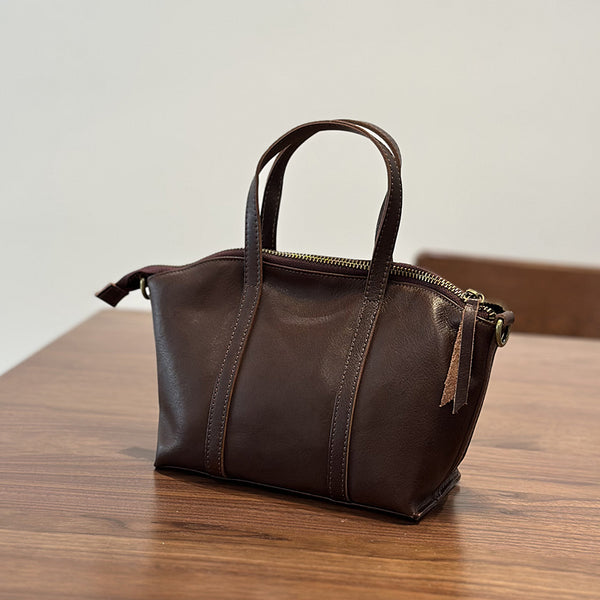 Women's Small Genuine Leather Handbag Top Handle and Crossbody Purse with Zipper Compartments Brown