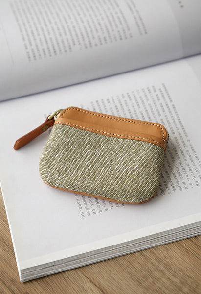 Womens Canvas And Leather Coin Wallet Small Coin Purse With Zipper