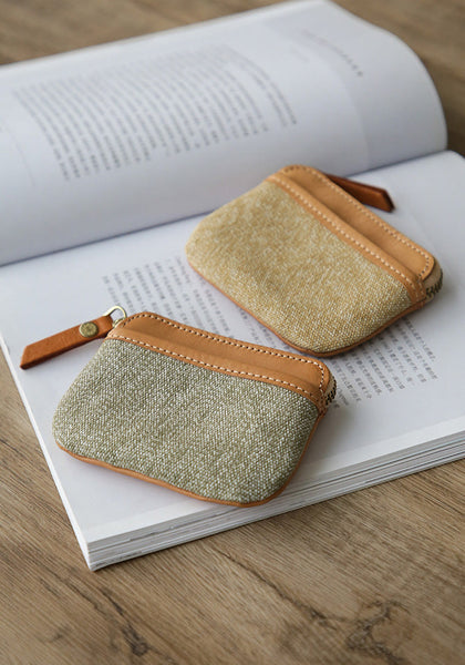 Womens Canvas And Leather Coin Wallet Small Coin Purse With Zipper Brown