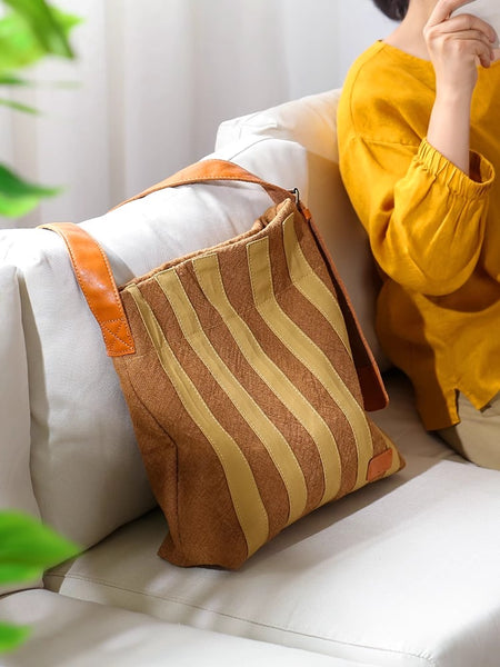 Womens Cotton Linen Shoulder Bag with Leather Trim Fits 13.13” Tablet Casual