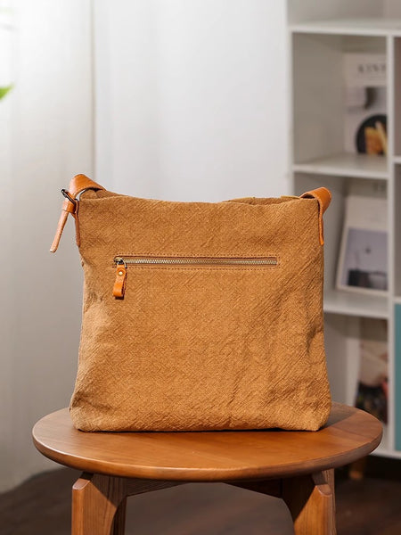 Womens Cotton Linen Shoulder Bag with Leather Trim Fits 13.15” Tablet Chic