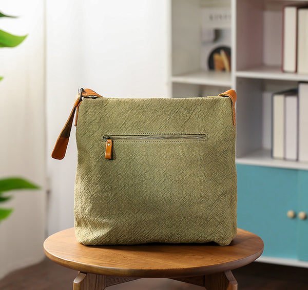 Womens Cotton Linen Shoulder Bag with Leather Trim Fits 13.16” Tablet Classic