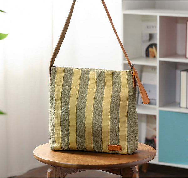 Womens Cotton Linen Shoulder Bag with Leather Trim Fits 13.17” Tablet Classy