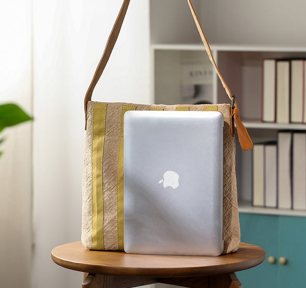 Womens Cotton Linen Shoulder Bag with Leather Trim Fits 13.20” Tablet Cute
