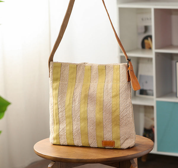 Womens Cotton Linen Shoulder Bag with Leather Trim Fits 13.21” Tablet Designer