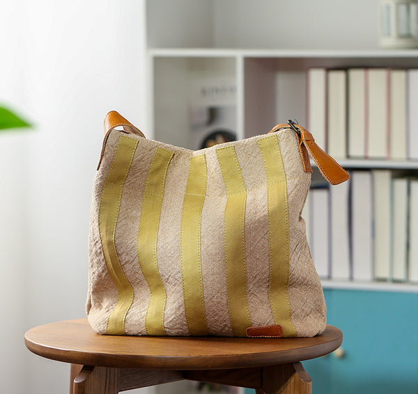 Womens Cotton Linen Shoulder Bag with Leather Trim Fits 13.22” Tablet Details