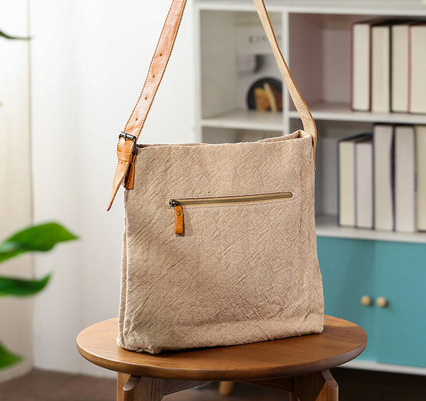 Womens Cotton Linen Shoulder Bag with Leather Trim Fits 13.23” Tablet Durable