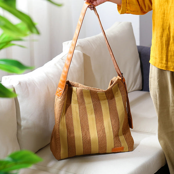 Womens Cotton Linen Shoulder Bag with Leather Trim Fits 13.24” Tablet Fashion