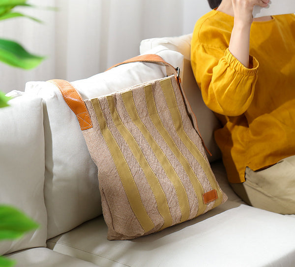Womens Cotton Linen Shoulder Bag with Leather Trim Fits 13.25” Tablet Fashionable